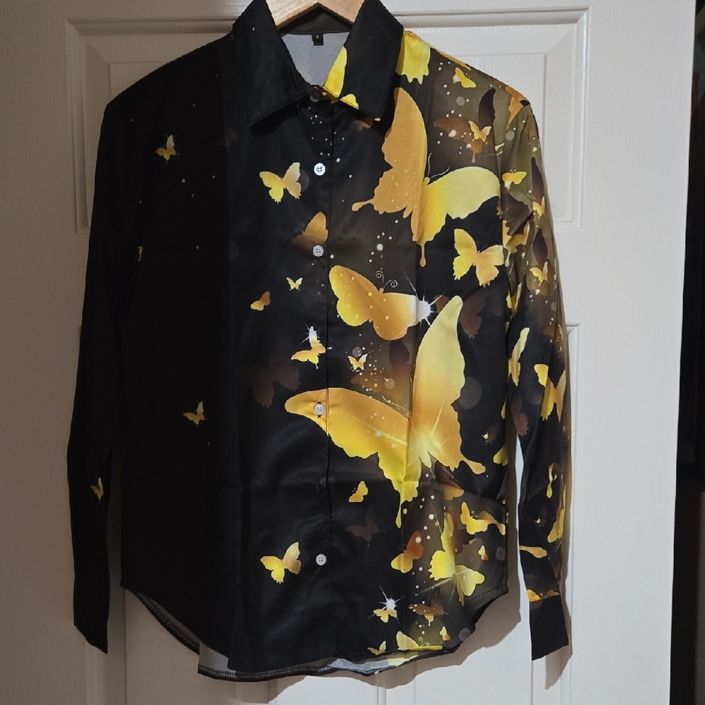 Black Shirt with Yellow Butterfly Print